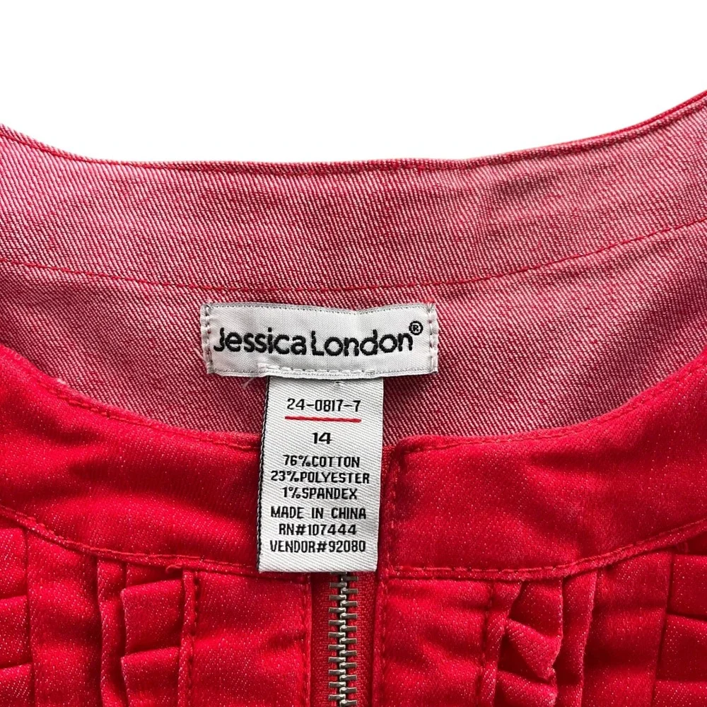 Jessica London Women 14 Red Denim Cotton Blend Full Zip Ruffle Front Jean Jacket